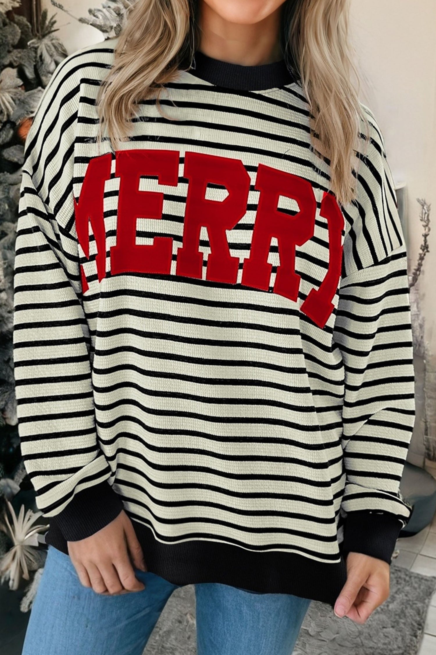 Black Stripe Contrast MERRY Letter Christmas Print Drop Shoulder Sweatshirt